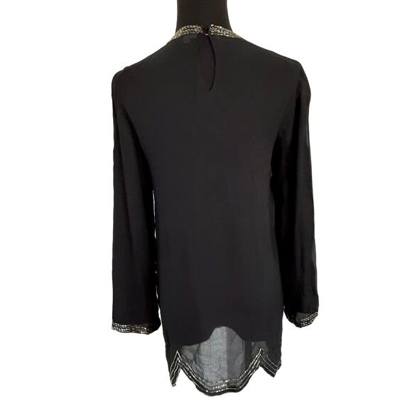 Vintage 1980s 100% Silk Tunic Blouse Black Beaded Statement Collar Long Sleeve S - Picture 2 of 16